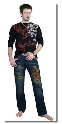 мужские джинсы с вышивкой в виде Дракона и горы Фуджи